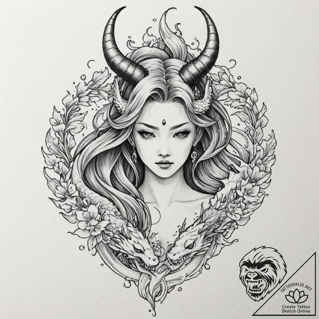 A girl with her hair styled into two horns, l... - tattoo sketch (№1752093985_0, 09.07.2025 20:46) — tattoovalue.net
