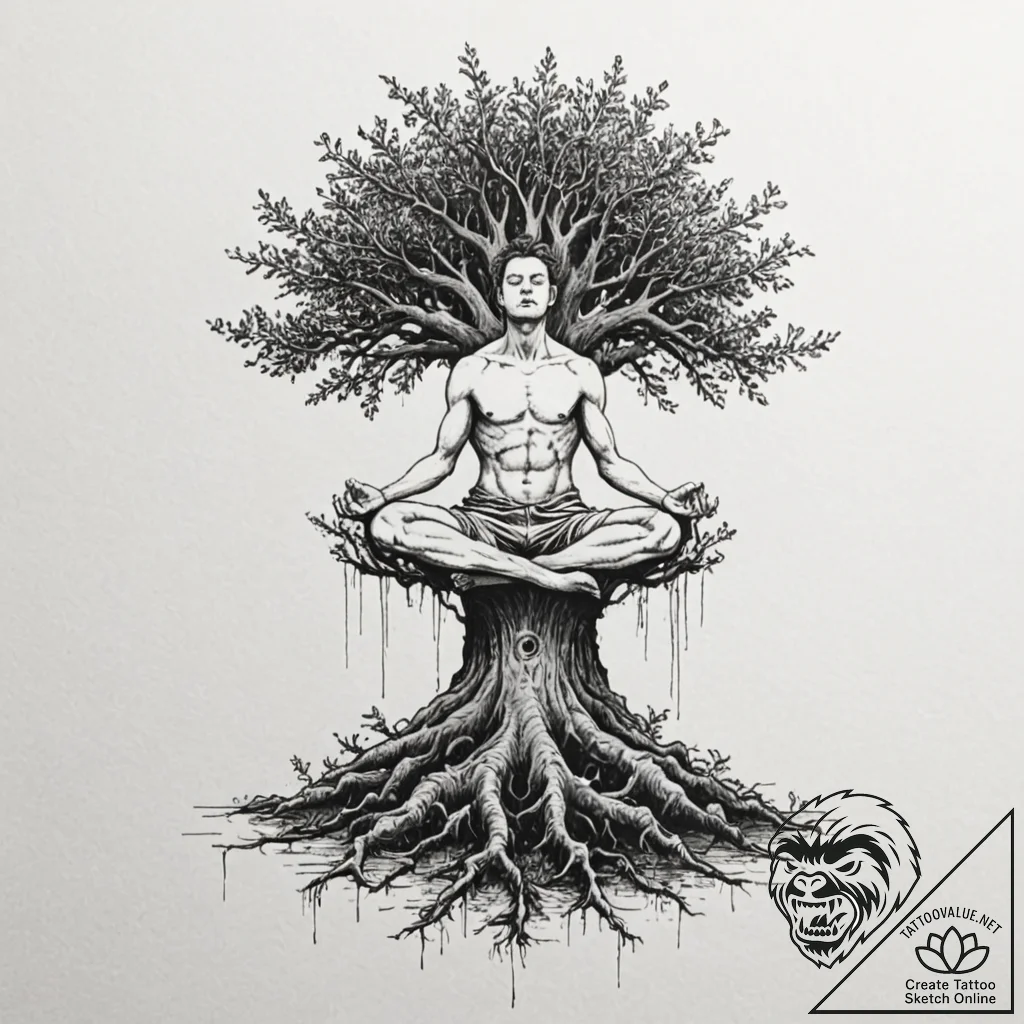 A person, meditating, their body dissolving i... - tattoo sketch (№1752094577_0, 09.07.2025 20:56) — tattoovalue.net