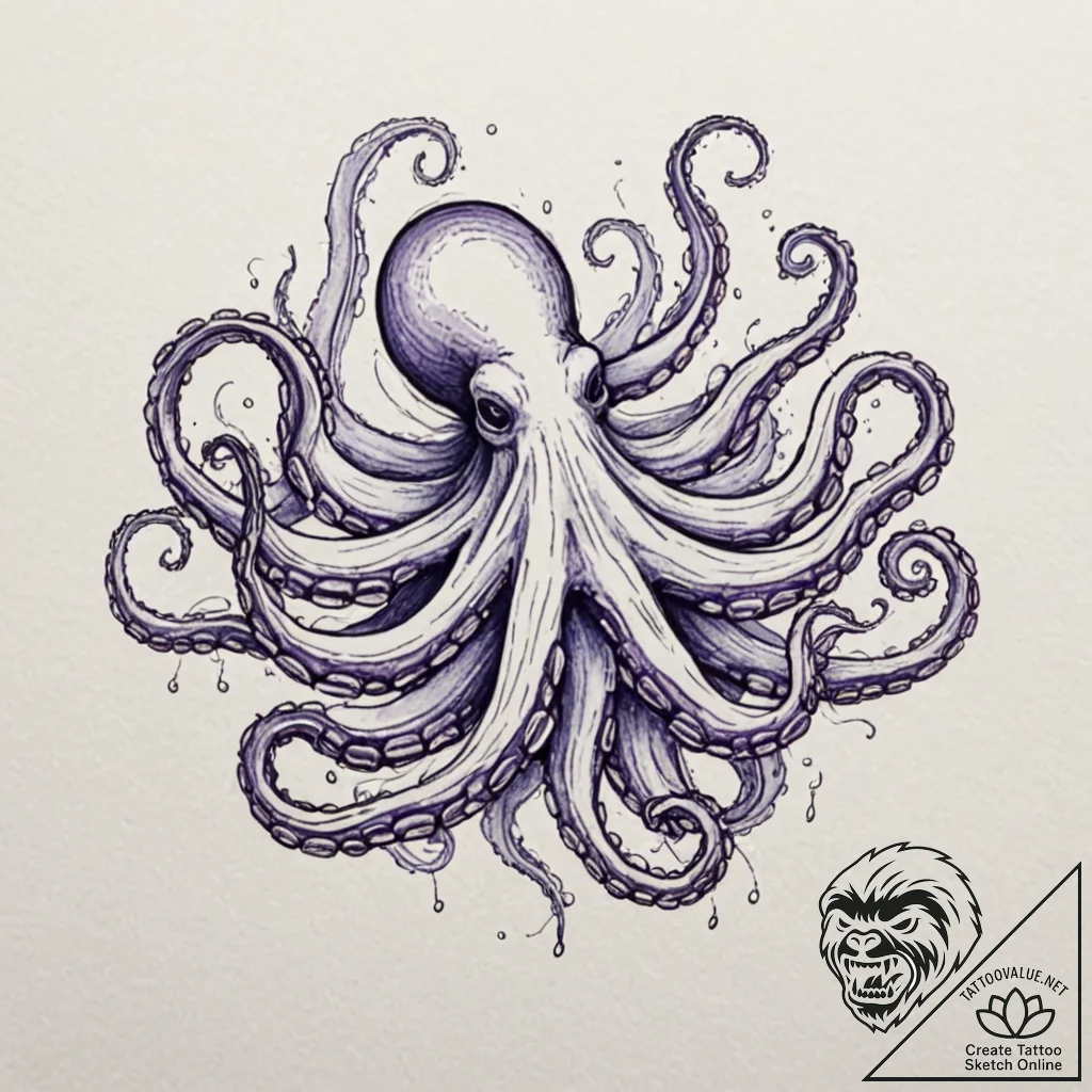 An octopus, its tentacles are swirls of deep... - tattoo sketch (№1752095168_0, 09.07.2025 21:06) — tattoovalue.net