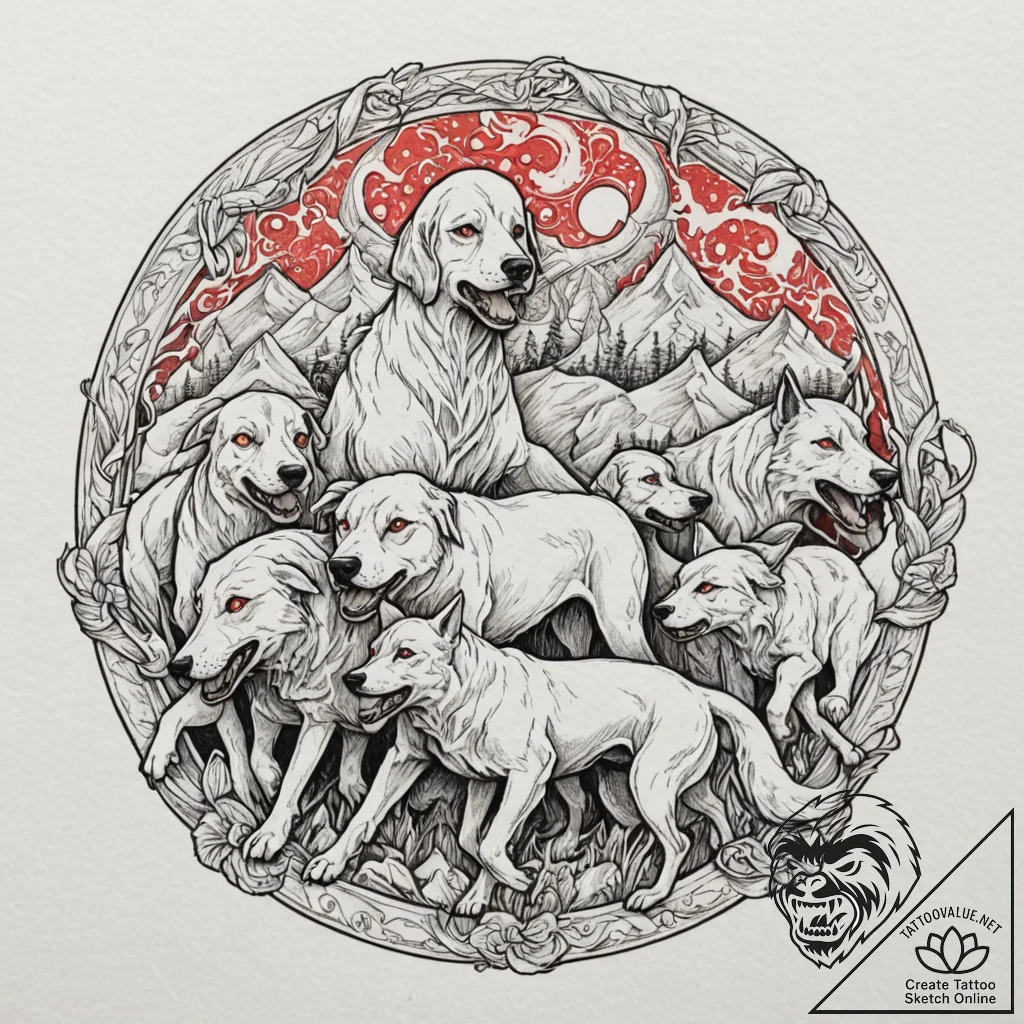 A pack of snarling, spectral hounds with glow... - tattoo sketch (№1752095252_0, 09.07.2025 21:07) — tattoovalue.net