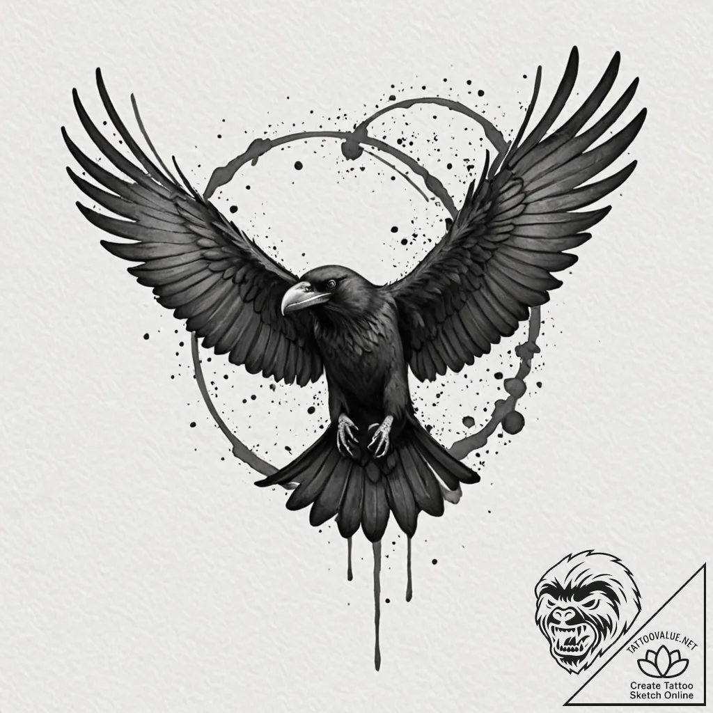 A beautiful, realistic raven, its wings are d... - tattoo sketch (№1752096526_0, 09.07.2025 21:28) — tattoovalue.net