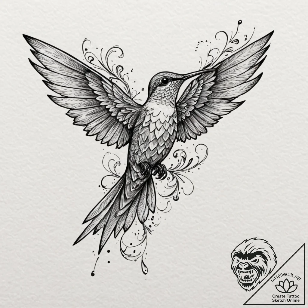 A beautiful, delicate hummingbird, its wings... - tattoo sketch (№1752096611_0, 09.07.2025 21:30) — tattoovalue.net
