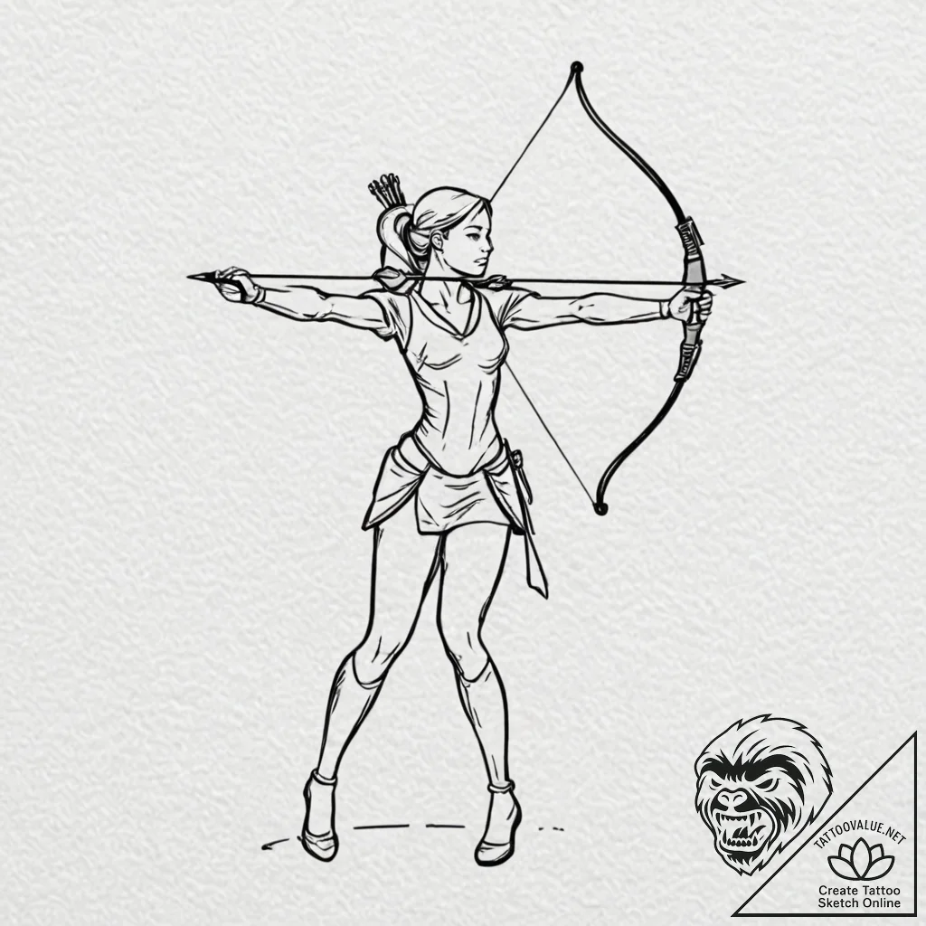 A female archer, pulling back a bow with an a... - tattoo sketch (№1752097207_0, 09.07.2025 21:40) — tattoovalue.net
