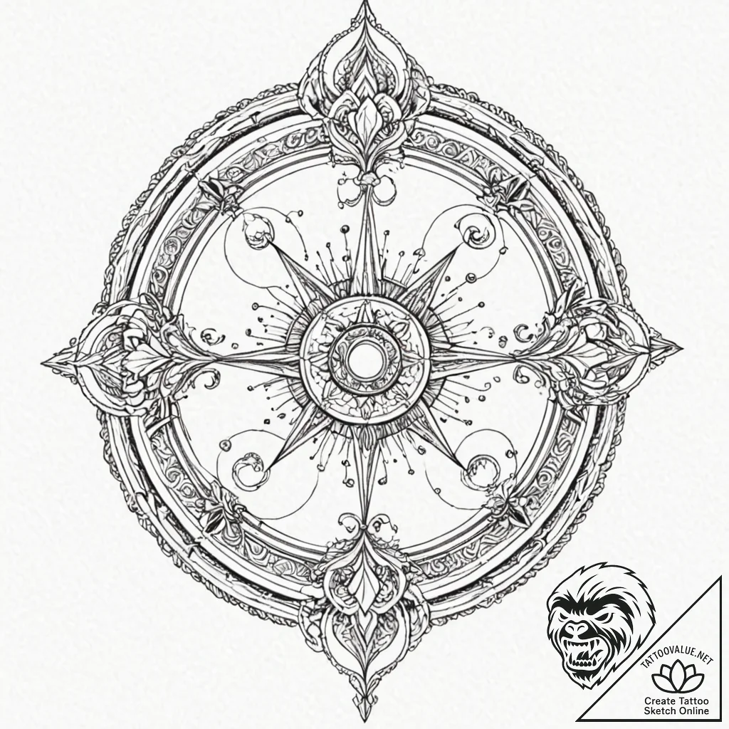 A beautiful, ornate astrolabe, a tool for mea... - tattoo sketch (№1752097377_0, 09.07.2025 21:42) — tattoovalue.net