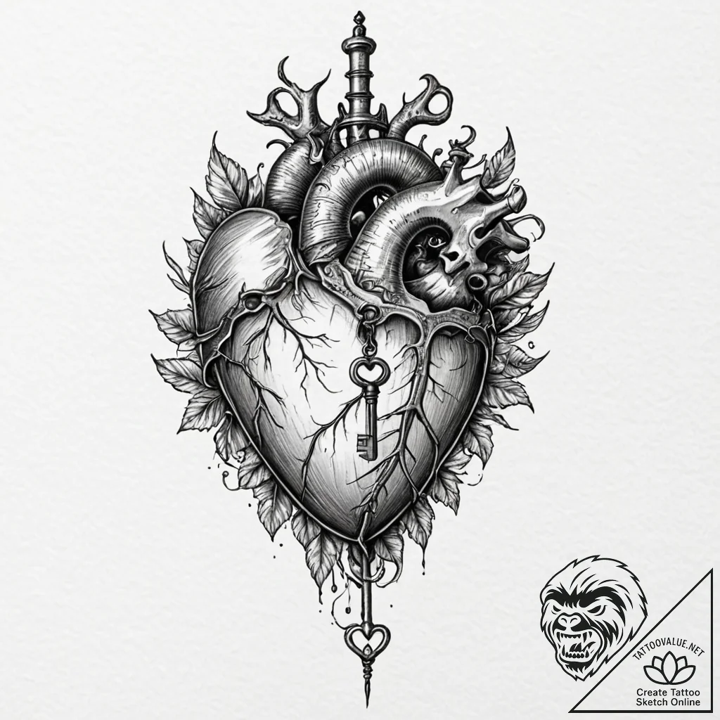 A beautiful, realistic heart, with a dagger a... - tattoo sketch (№1752097462_0, 09.07.2025 21:44) — tattoovalue.net