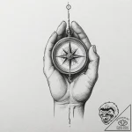 A human hand, holding a compass, the needle g… – tattoo sketch (№1752098236_0, 09.07.2025 21:57) — tattoovalue.net