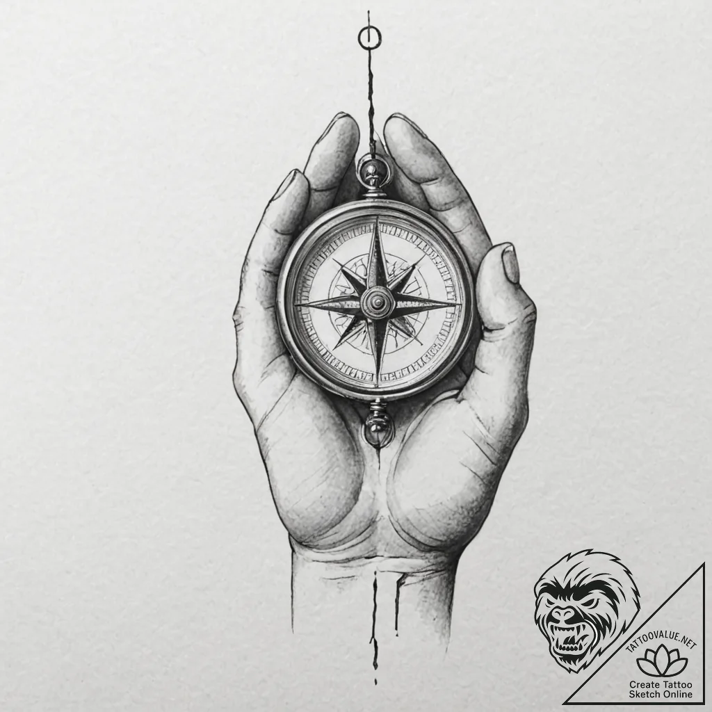 A human hand, holding a compass, the needle g... - tattoo sketch (№1752098236_0, 09.07.2025 21:57) — tattoovalue.net