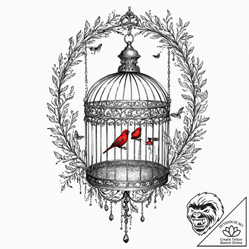 A beautiful, realistic birdcage, its bars are... - tattoo sketch (№1752098415_0, 09.07.2025 22:00) — tattoovalue.net