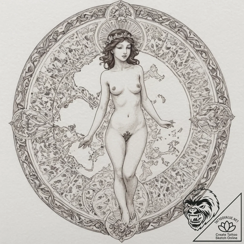 A nude female figure, her body is covered wit... - tattoo sketch (№1752098842_0, 09.07.2025 22:07) — tattoovalue.net
