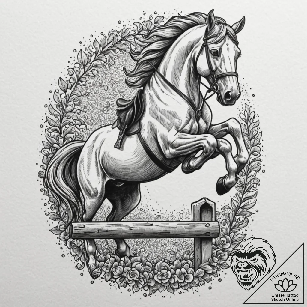 A powerful horse, jumping over a high obstacl... - tattoo sketch (№1752098927_0, 09.07.2025 22:08) — tattoovalue.net