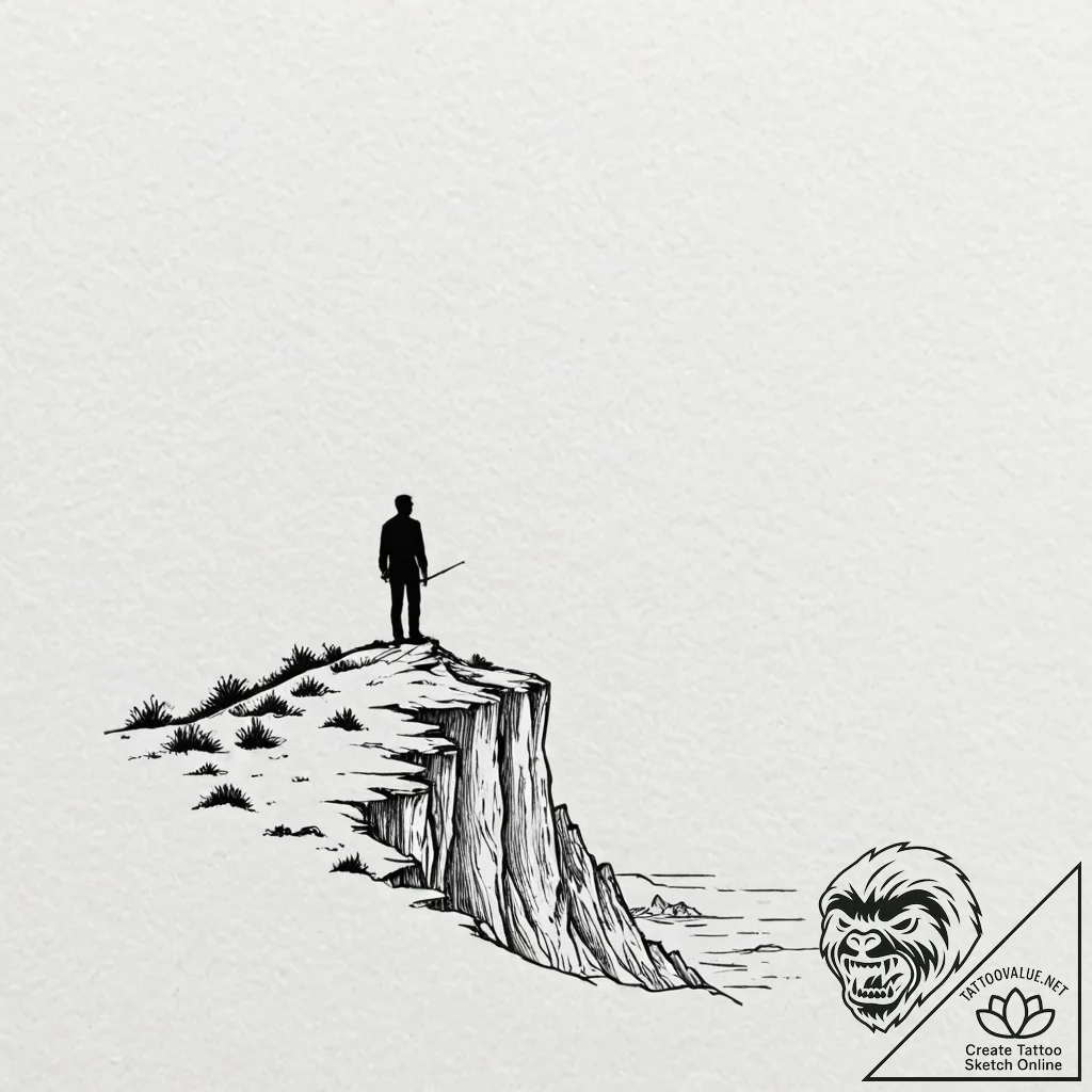 A human silhouette, standing on a cliff edge,... - tattoo sketch (№1752099013_0, 09.07.2025 22:10) — tattoovalue.net