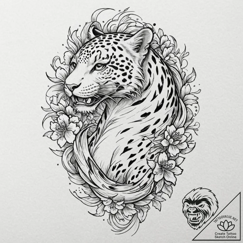 A girl whose skin has the pattern of a leopar... - tattoo sketch (№1752099701_0, 09.07.2025 22:21) — tattoovalue.net