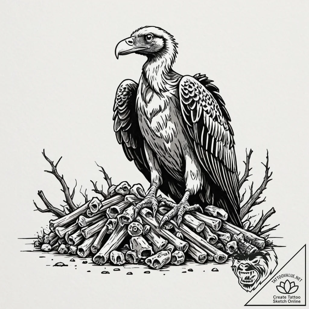 A vulture, perched on a pile of bones, its ga... - tattoo sketch (№1752099787_0, 09.07.2025 22:23) — tattoovalue.net