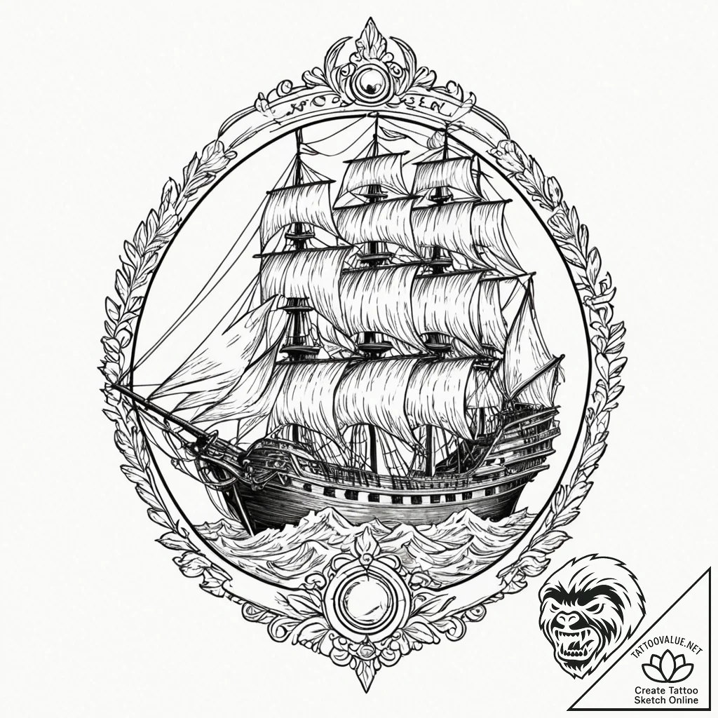 A beautiful, ornate caravel, the ship of expl... - tattoo sketch (№1752099873_0, 09.07.2025 22:24) — tattoovalue.net