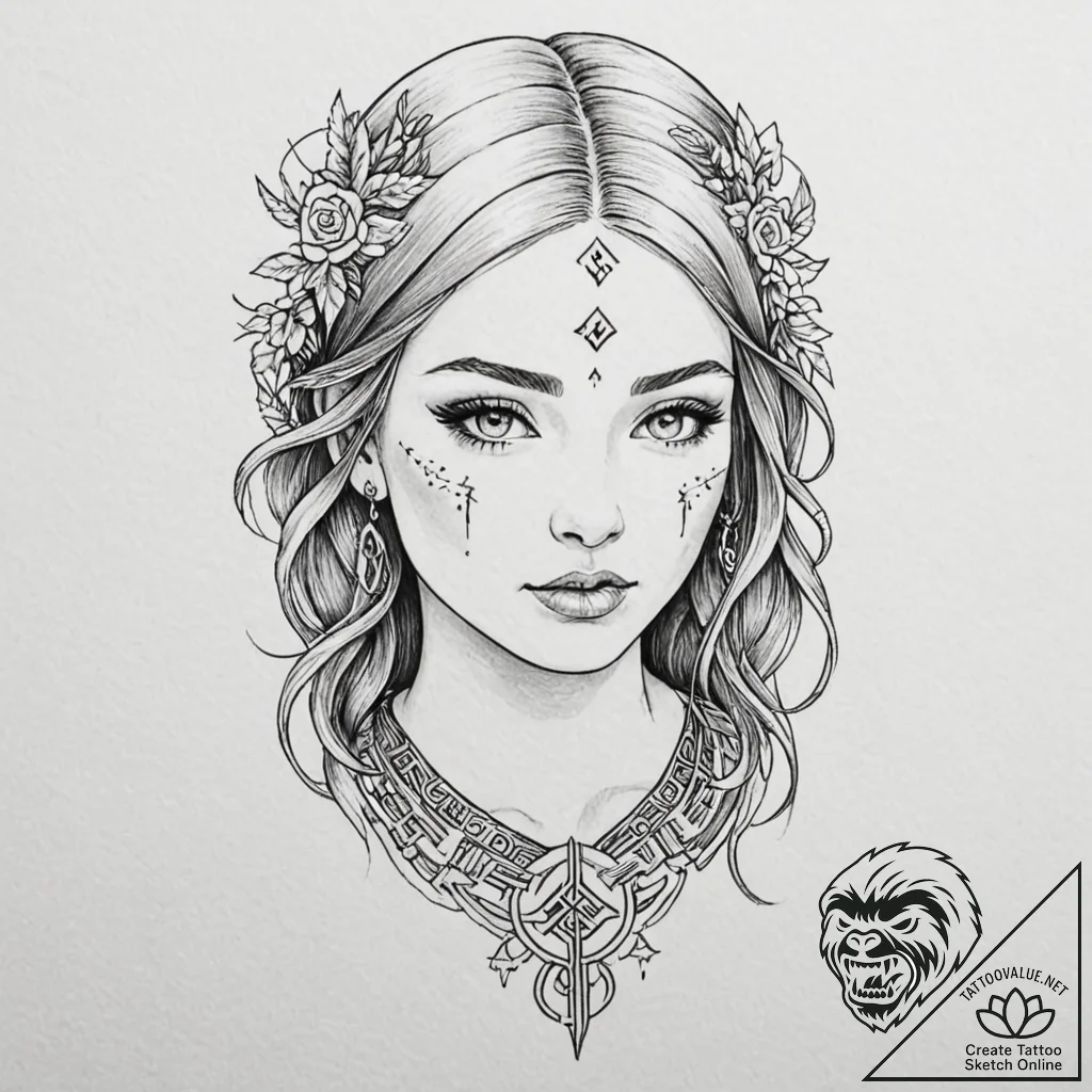 A beautiful woman whose skin is covered in an... - tattoo sketch (№1752099959_0, 09.07.2025 22:25) — tattoovalue.net