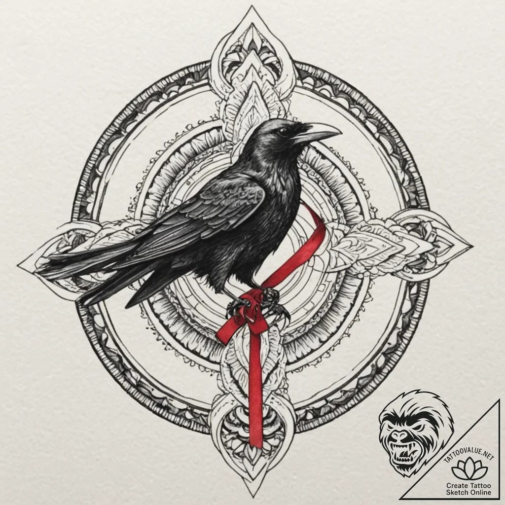 A realistic raven, with a single, red ribbon... - tattoo sketch (№1752100634_0, 09.07.2025 22:37) — tattoovalue.net