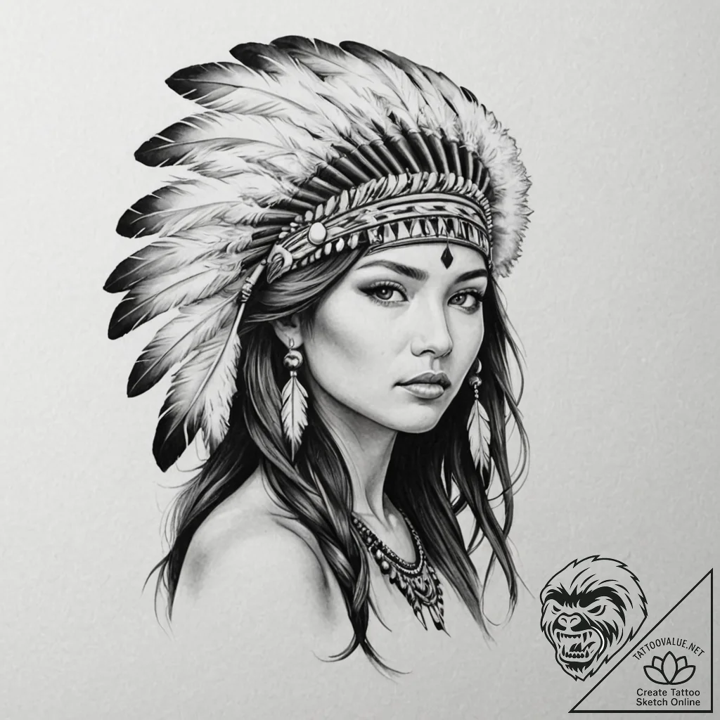 A beautiful native american woman with feathe... - tattoo sketch (№1752101758_0, 09.07.2025 22:55) — tattoovalue.net