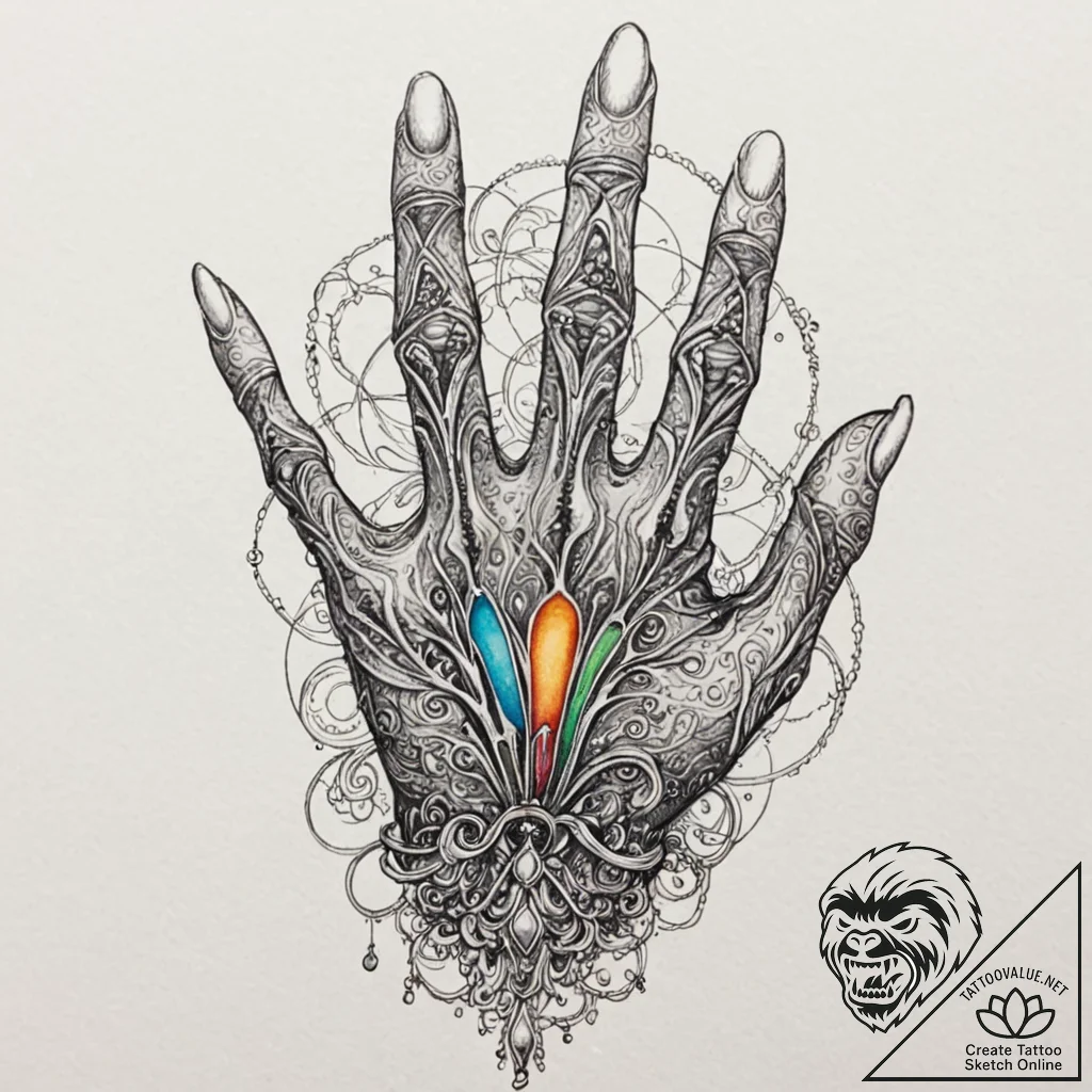 A beautiful hand, adorned with rings, but it'... - tattoo sketch (№1752102682_0, 09.07.2025 23:11) — tattoovalue.net
