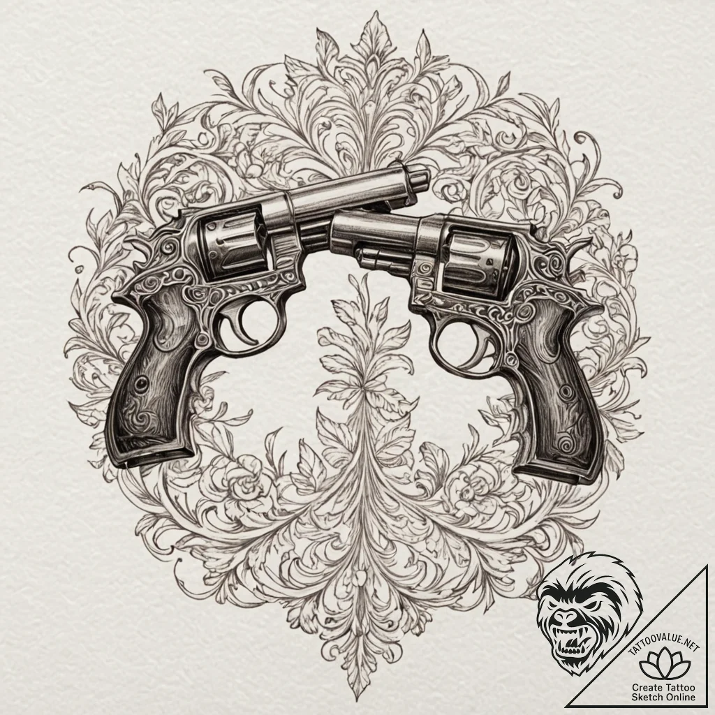 A beautiful, ornate antique set of dueling pi... - tattoo sketch (№1752102764_0, 09.07.2025 23:12) — tattoovalue.net