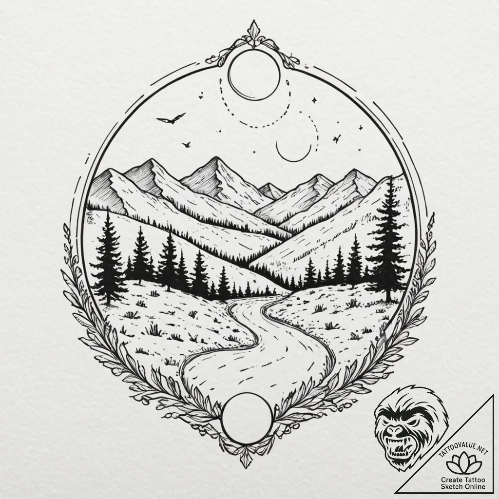 A beautiful, serene landscape of a peaceful v... - tattoo sketch (№1752103433_0, 09.07.2025 23:23) — tattoovalue.net