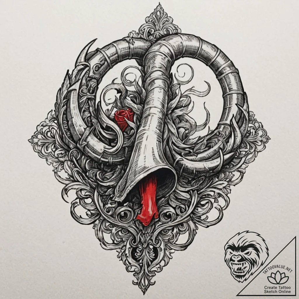 A beautiful, ornate war horn, calling to batt... - tattoo sketch (№1752103600_0, 09.07.2025 23:26) — tattoovalue.net