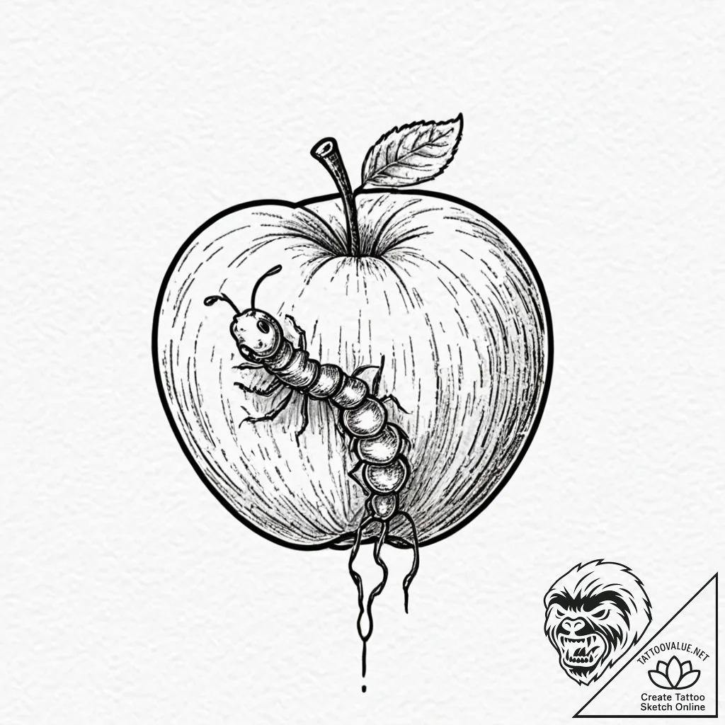 A beautiful, perfect peach, but a worm is cra... - tattoo sketch (№1752103682_0, 09.07.2025 23:28) — tattoovalue.net
