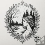 A woman’s silhouette, with a lush forest and… – tattoo sketch (№1752104349_0, 09.07.2025 23:39) — tattoovalue.net