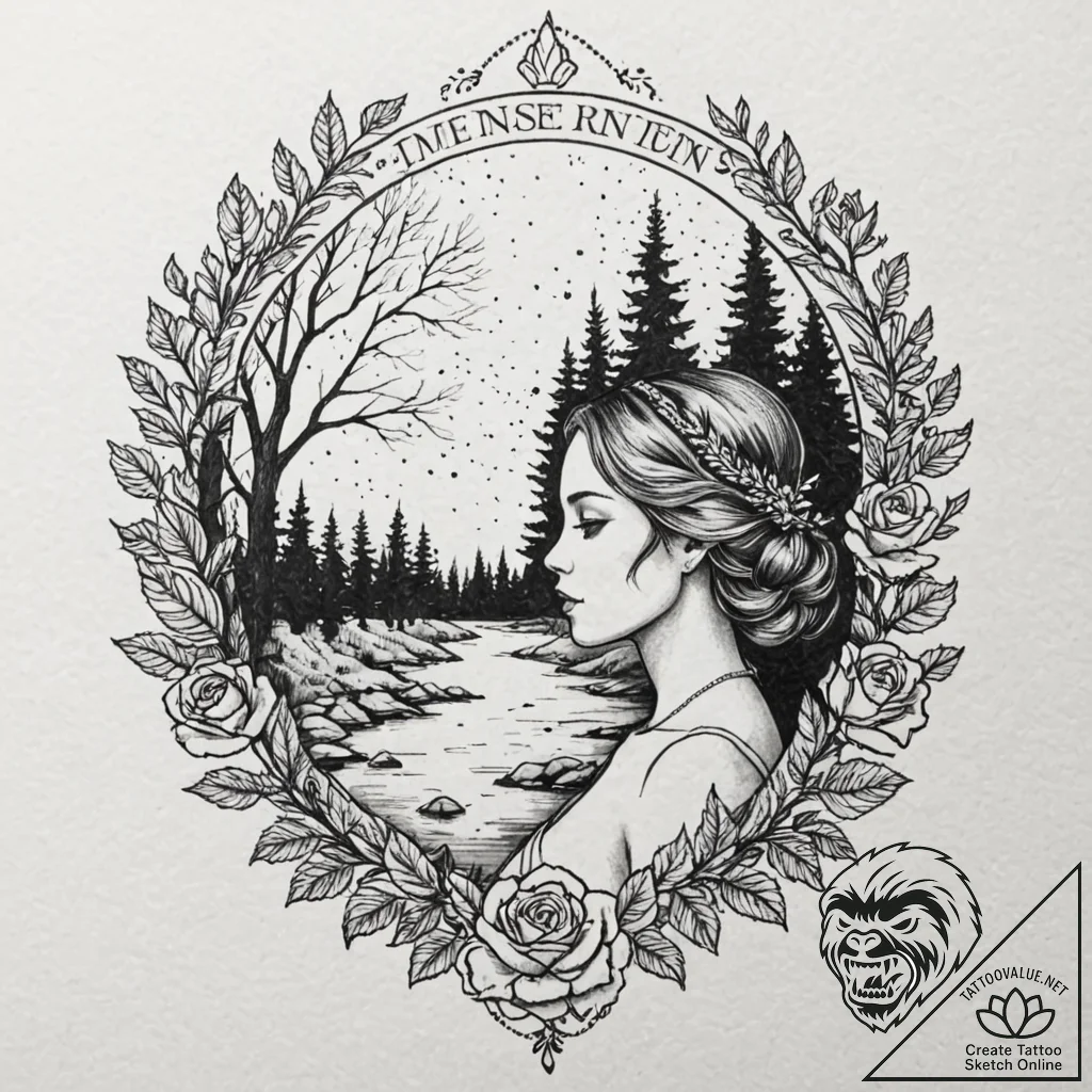 A woman's silhouette, with a lush forest and... - tattoo sketch (№1752104349_0, 09.07.2025 23:39) — tattoovalue.net