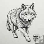 A running wolf, lean and determined, its eyes… – tattoo sketch (№1752104601_0, 09.07.2025 23:43) — tattoovalue.net