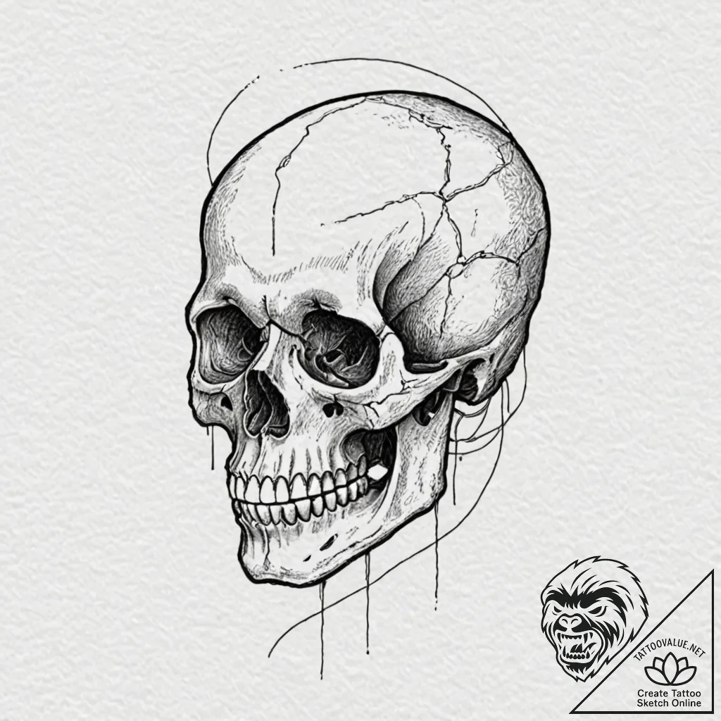 A human skull, with its jaw wired shut, a sym... - tattoo sketch (№1752105439_0, 09.07.2025 23:57) — tattoovalue.net
