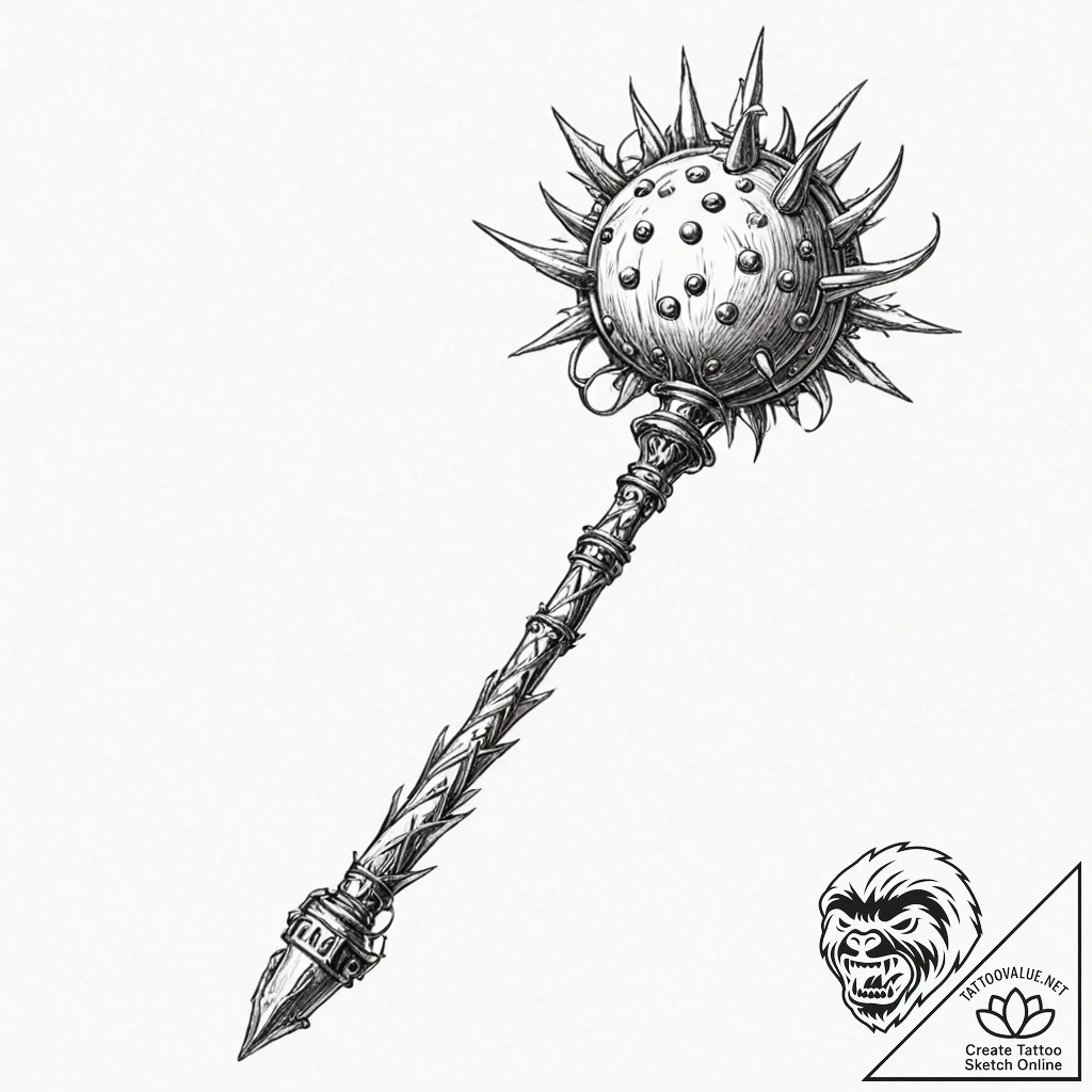 A beautiful, ornate flail, with a spiked ball - tattoo sketch (№1752105523_0, 09.07.2025 23:58) — tattoovalue.net