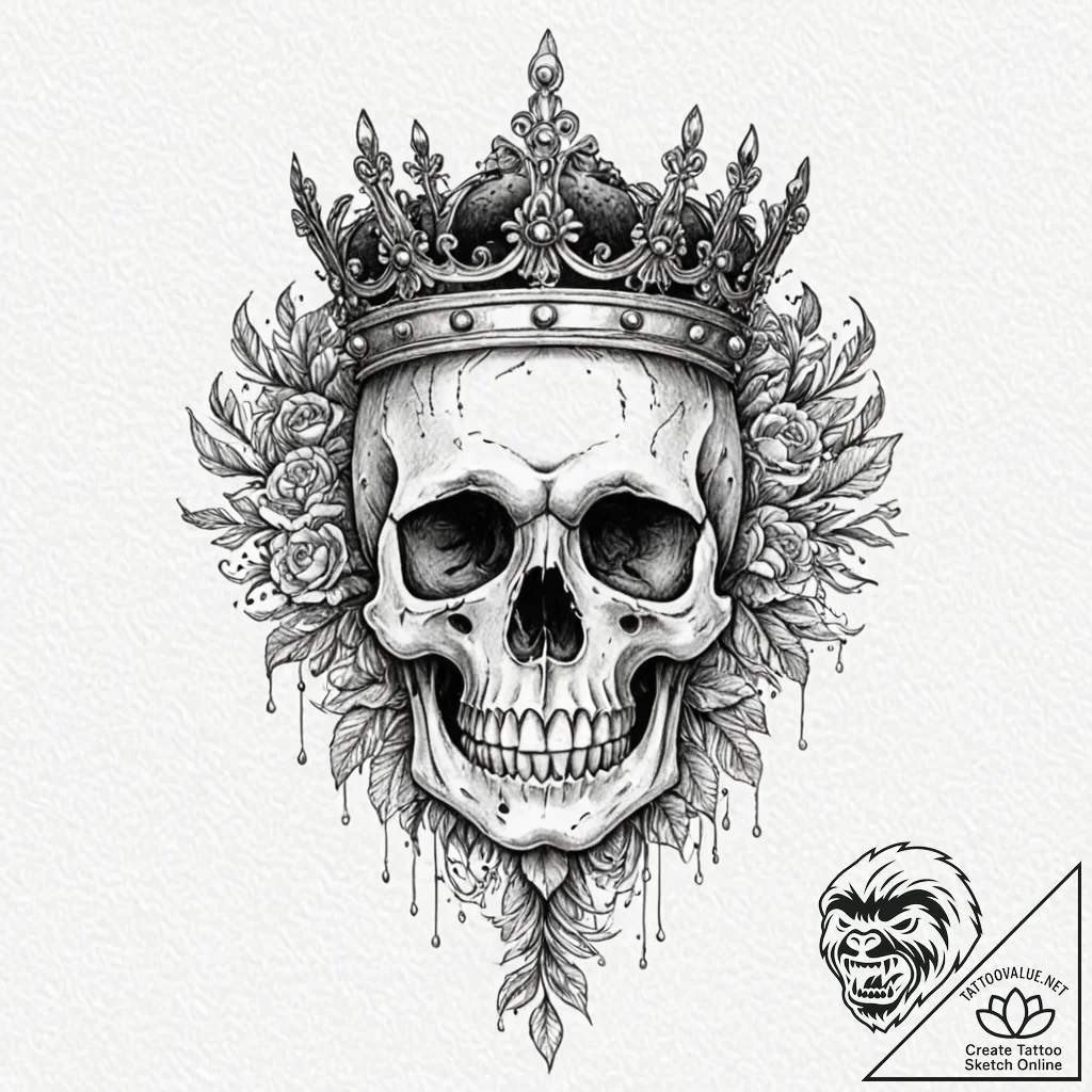 A skull, with a beautiful, ornate crown, but... - tattoo sketch (№1752105690_0, 10.07.2025 00:01) — tattoovalue.net