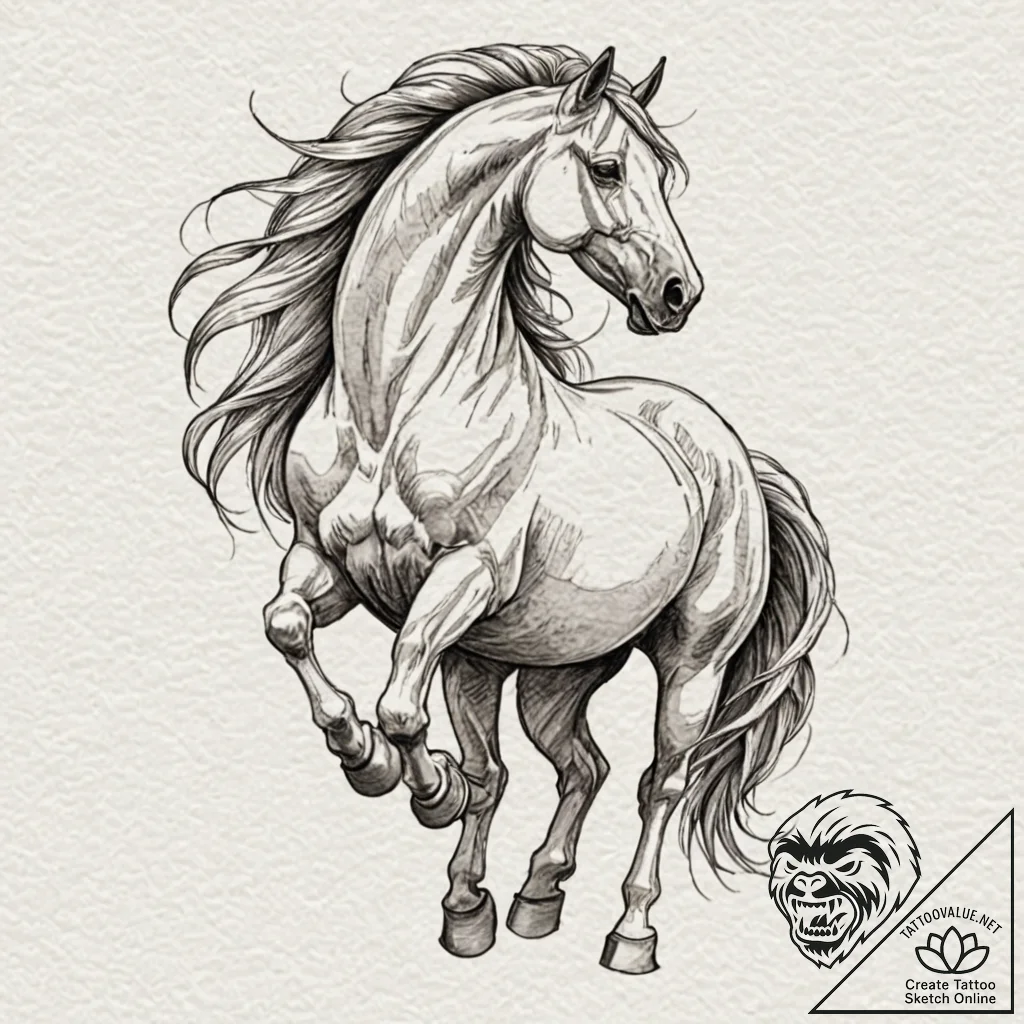 A running horse, its mane and tail are flowin... - tattoo sketch (№1752105774_0, 10.07.2025 00:02) — tattoovalue.net