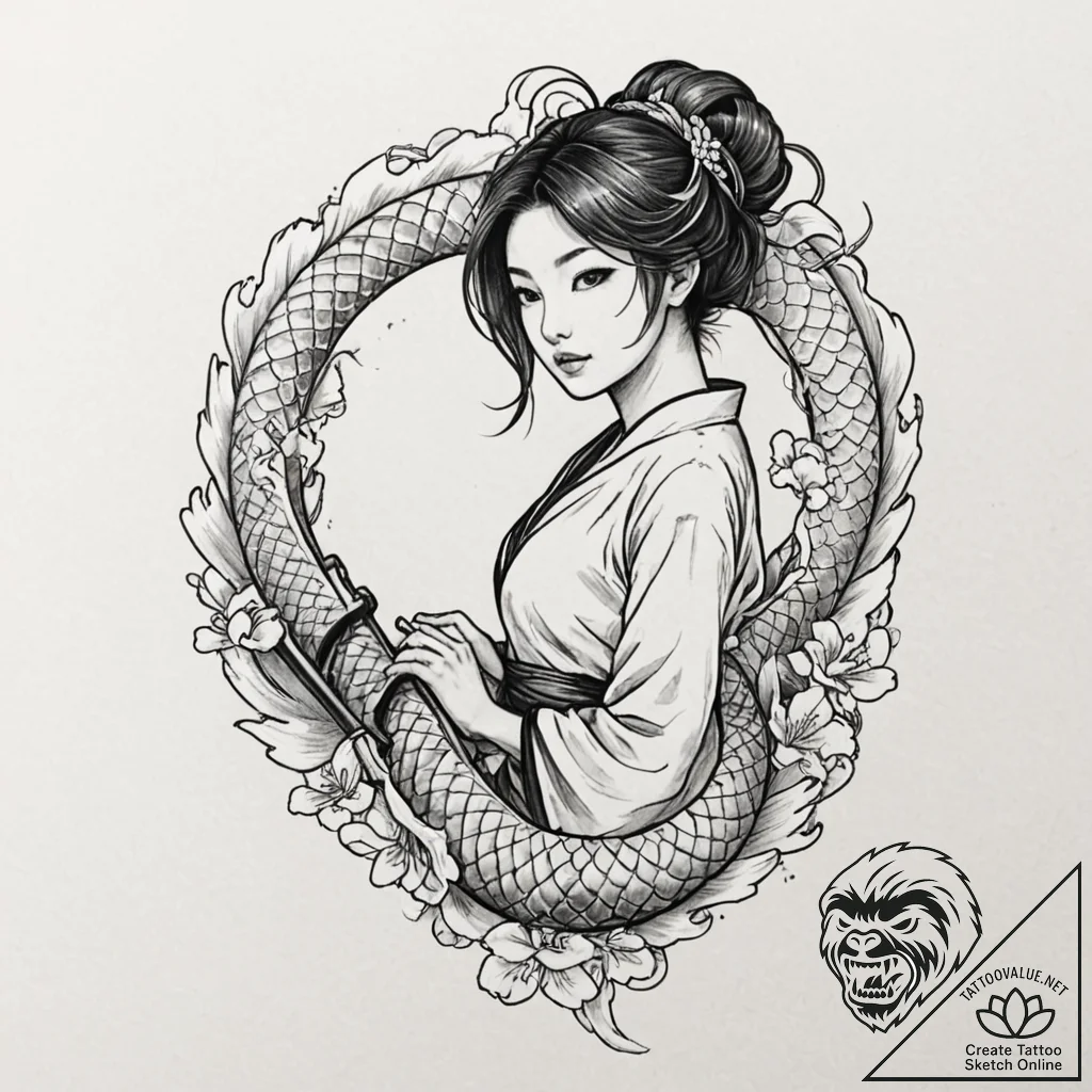 A girl holding a broken sword, with a determi... - tattoo sketch (№1752106276_0, 10.07.2025 00:11) — tattoovalue.net