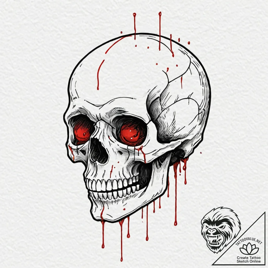 A skull, with a single, red tear falling from... - tattoo sketch (№1752106617_0, 10.07.2025 00:16) — tattoovalue.net