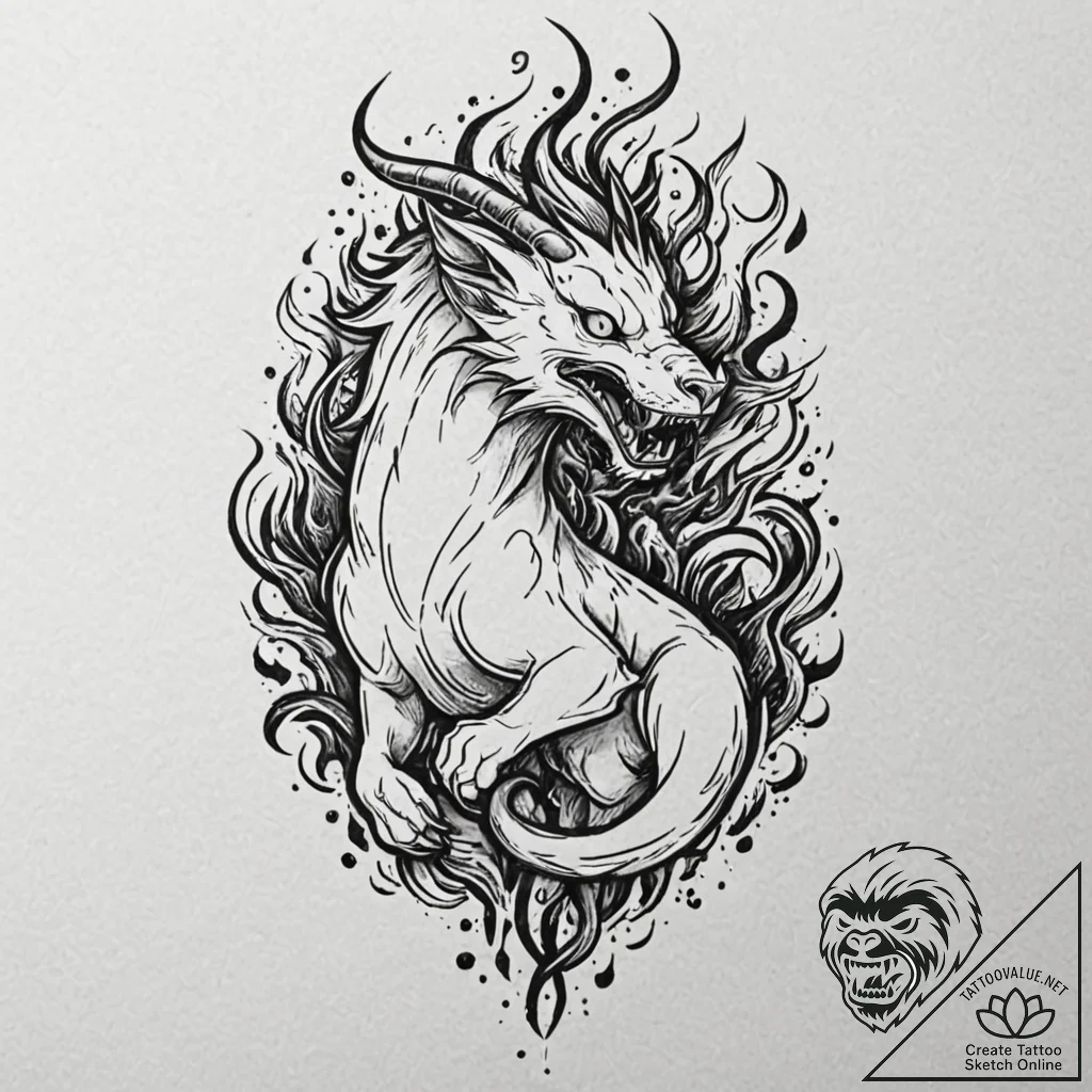 A mythological chimera, breathing a torrent o... - tattoo sketch (№1752107036_0, 10.07.2025 00:23) — tattoovalue.net