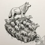A wolf, leading a flock of sheep off a cliff,… – tattoo sketch (№1752108124_0, 10.07.2025 00:42) — tattoovalue.net