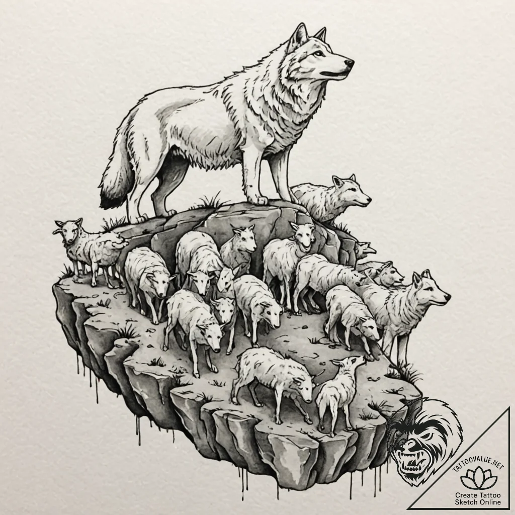 A wolf, leading a flock of sheep off a cliff,... - tattoo sketch (№1752108124_0, 10.07.2025 00:42) — tattoovalue.net