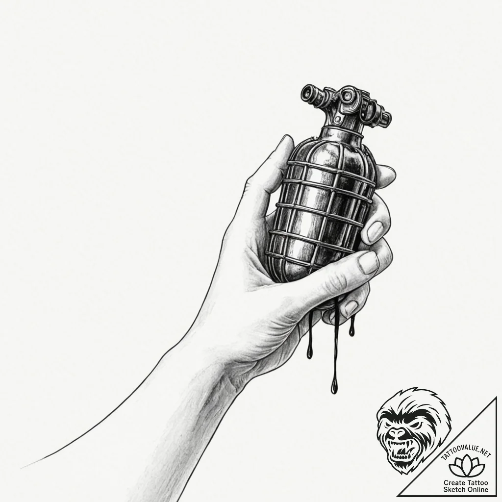 A human hand, holding a live, ticking grenade - tattoo sketch (№1752108208_0, 10.07.2025 00:43) — tattoovalue.net
