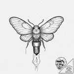 A cartoon moth, attracted to a bare, unlit li… – tattoo sketch (№1752108290_0, 10.07.2025 00:44) — tattoovalue.net