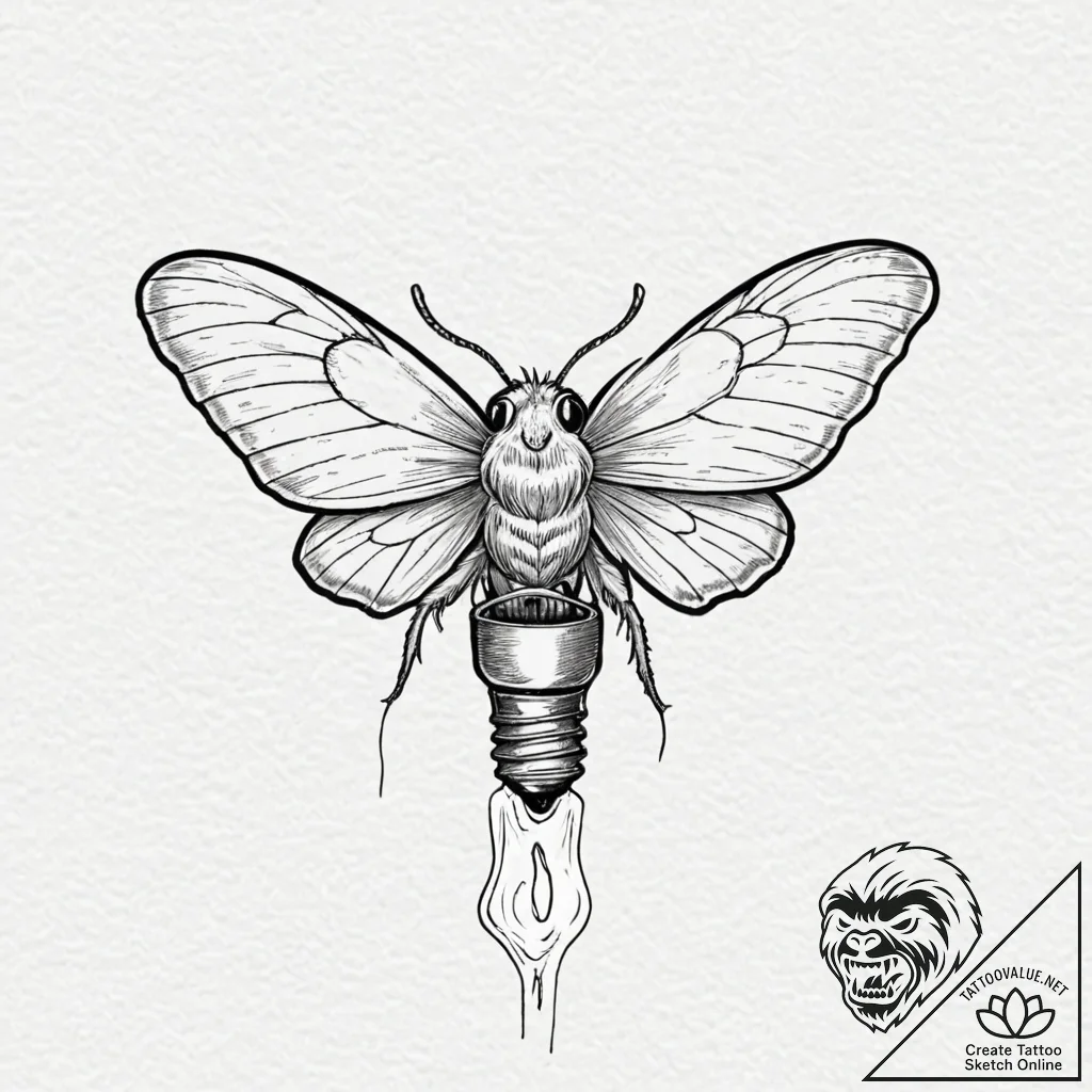 A cartoon moth, attracted to a bare, unlit li... - tattoo sketch (№1752108290_0, 10.07.2025 00:44) — tattoovalue.net