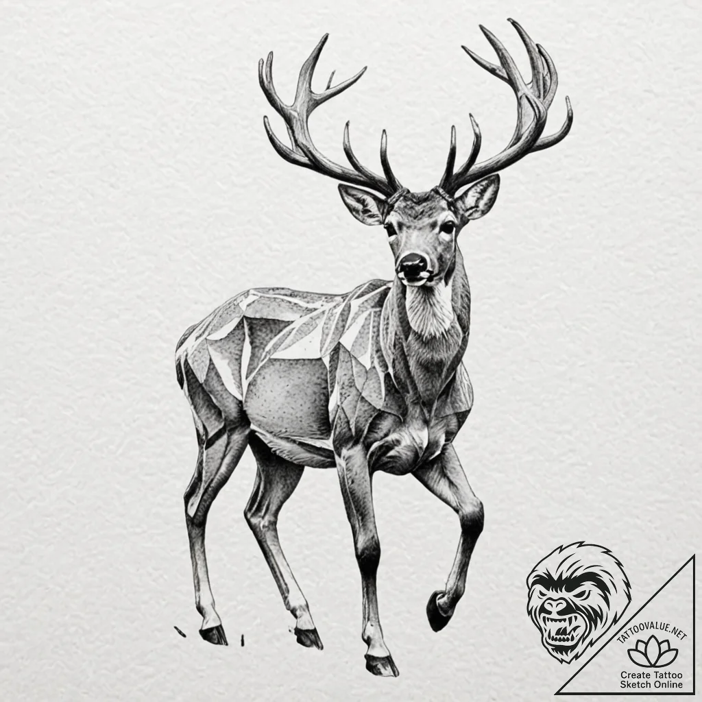 A running deer, its body is a soft, brown wat... - tattoo sketch (№1752108458_0, 10.07.2025 00:47) — tattoovalue.net