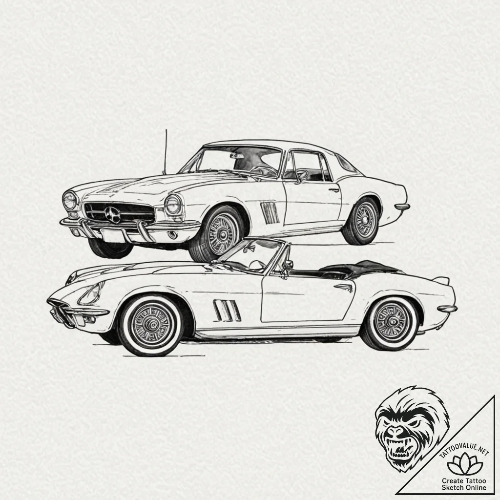 A minimalist drawing of a classic sports car'... - tattoo sketch (№1752108791_0, 10.07.2025 00:53) — tattoovalue.net
