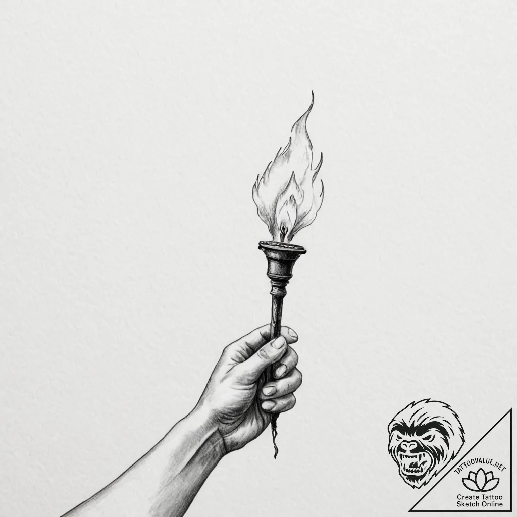 A human hand, holding a single, burning torch... - tattoo sketch (№1752108956_0, 10.07.2025 00:55) — tattoovalue.net