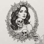 A woman holding a human skull, looking at it… – tattoo sketch (№1752110212_0, 10.07.2025 01:16) — tattoovalue.net