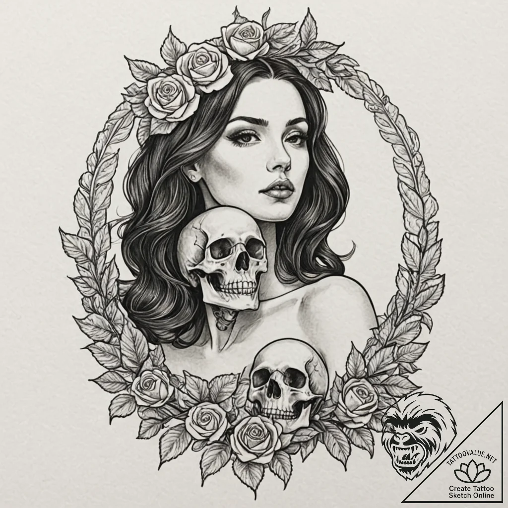 A woman holding a human skull, looking at it... - tattoo sketch (№1752110212_0, 10.07.2025 01:16) — tattoovalue.net