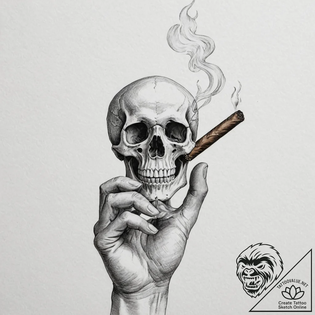 A hand, holding a lit cigar, the smoke forms... - tattoo sketch (№1752110294_0, 10.07.2025 01:18) — tattoovalue.net