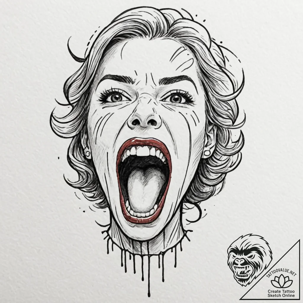 A portrait of a screaming face, half realisti... - tattoo sketch (№1752110629_0, 10.07.2025 01:23) — tattoovalue.net