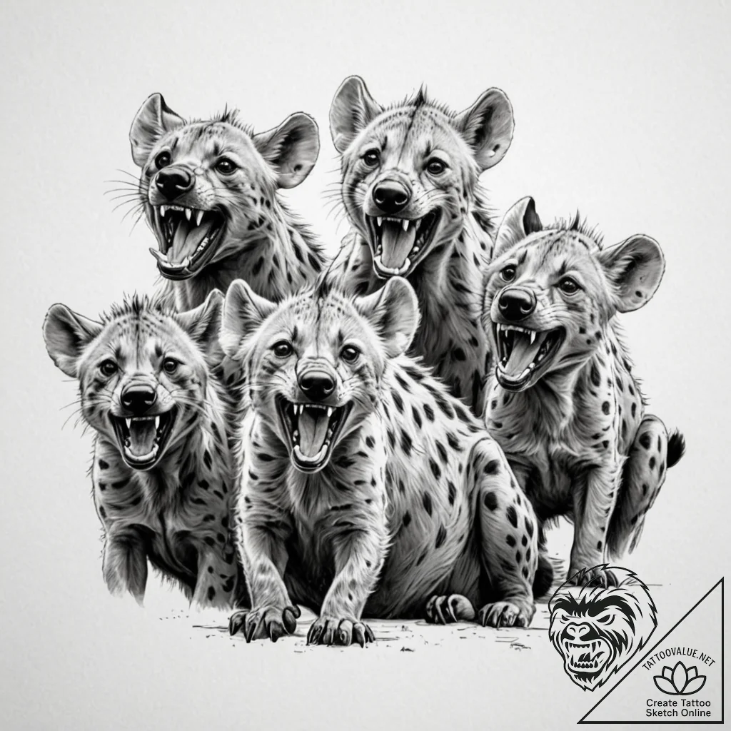 A pack of hyenas, laughing menacingly - tattoo sketch (№1752110711_0, 10.07.2025 01:25) — tattoovalue.net