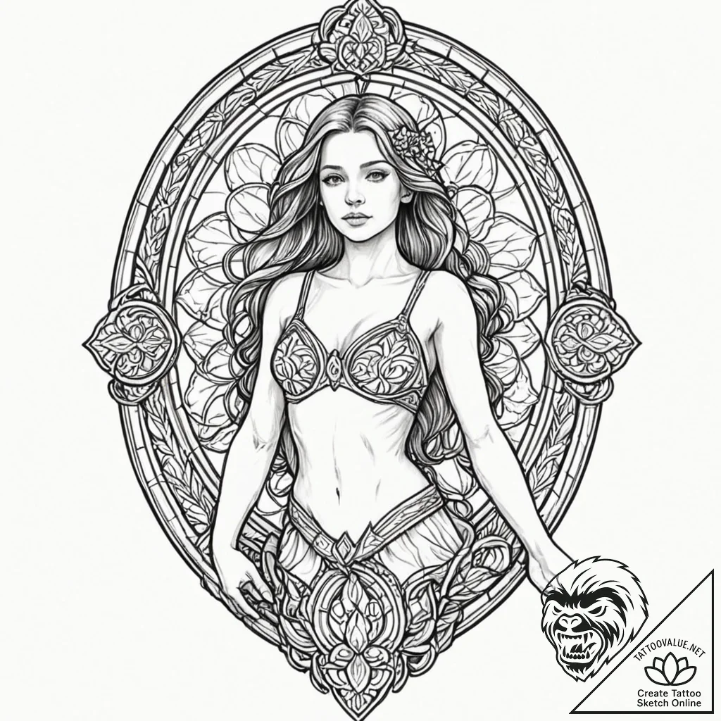 A girl whose body is a beautiful, intricate s... - tattoo sketch (№1752110878_0, 10.07.2025 01:27) — tattoovalue.net